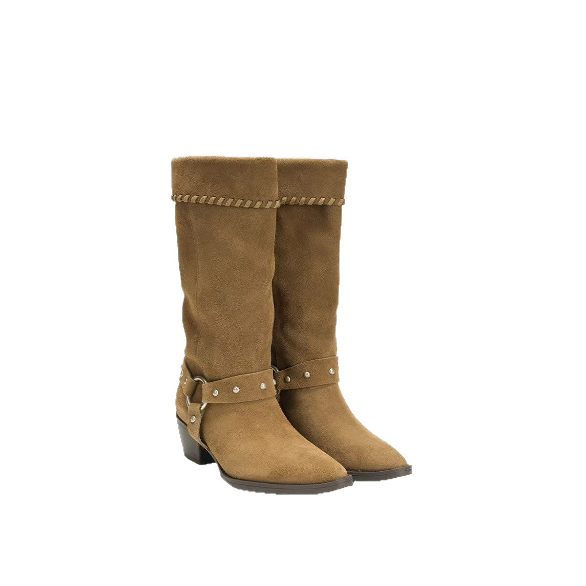 Women's Sheepskin Version Retro Minority Pointed Toe Chunky Rivet Thigh High Boots
