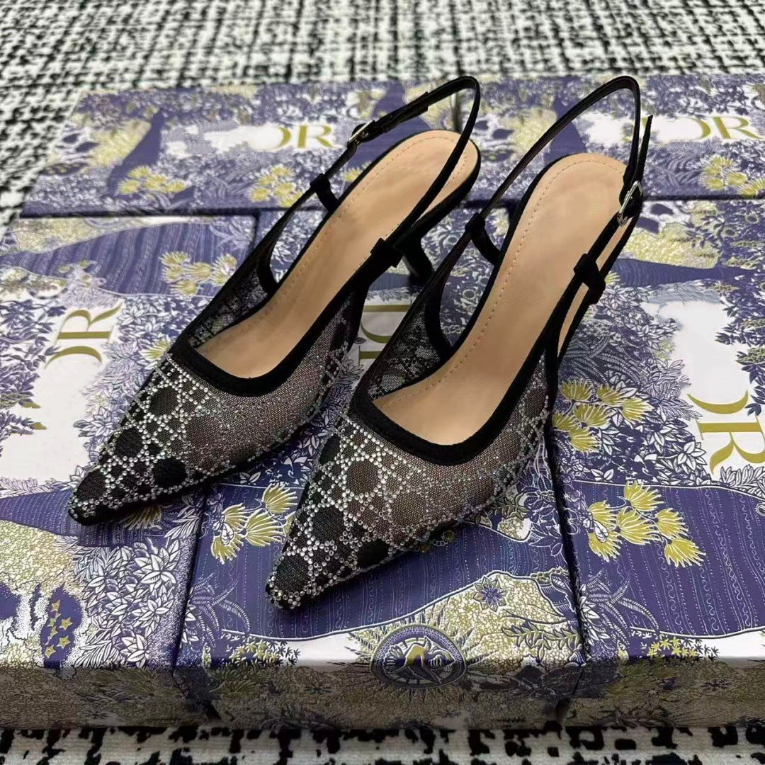 Women's Embroidery Knitted Back Empty Toe Cap Heels