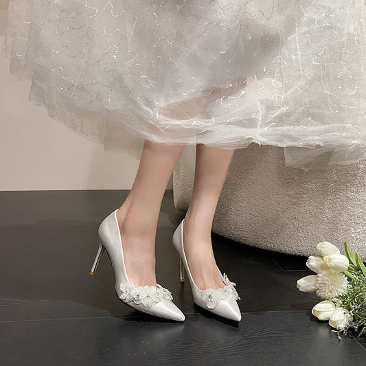 French Wedding Bridal Fairy Style Elegant Bridesmaid Dress High Stiletto Women's Fashion Shoes