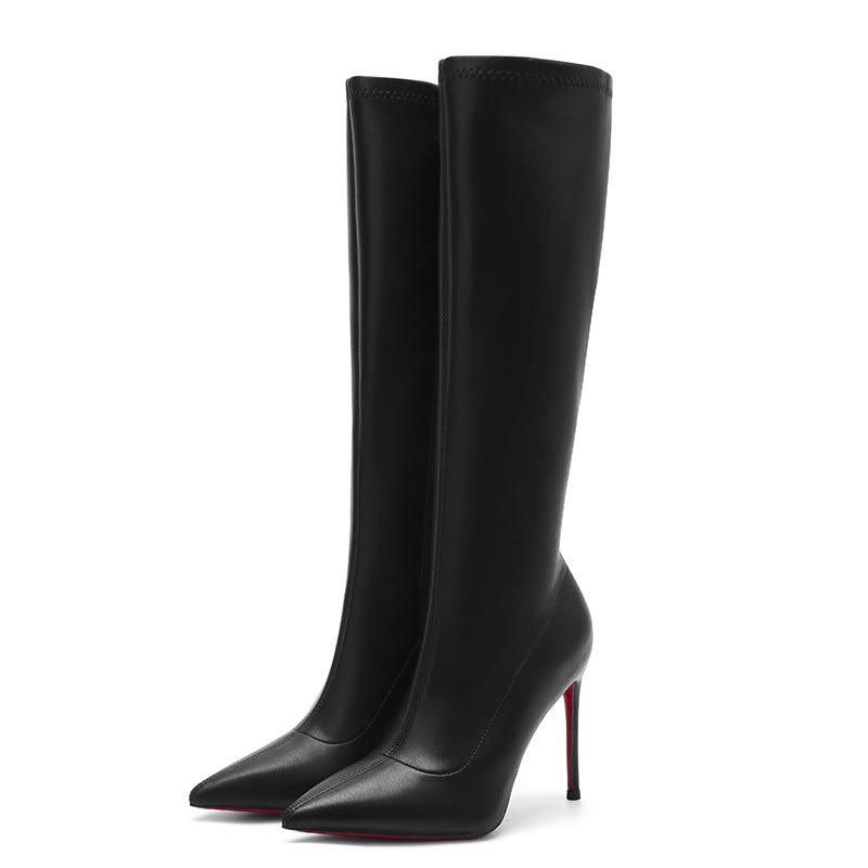 The Knee High-heel Zipper Black Long Toe Boots