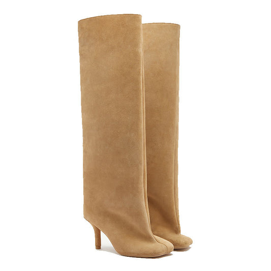 Women's Square Toe Stitching Stiletto Straight High Simple Women's Leather Boots