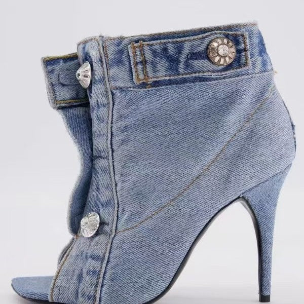 Women's Fat Feet Loose Denim Chunky Fashion Sweet High Heeled Sandals