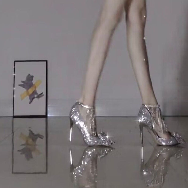 Women's Sier High Stilettos Bow Chain Rhinestone Women's Fashion Shoes