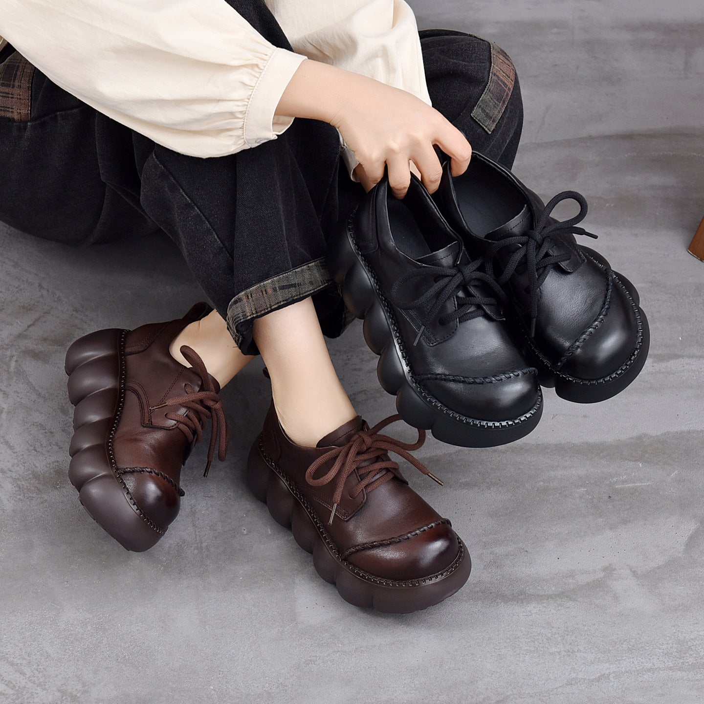 Women's Spring Genuine Muffin Thick Bottom Chunky Loafers