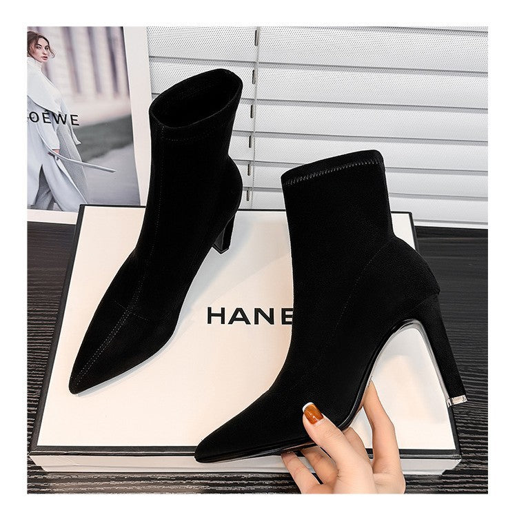 Women's Short Black Khaki Suede Socks Chunky Women's Leather Boots