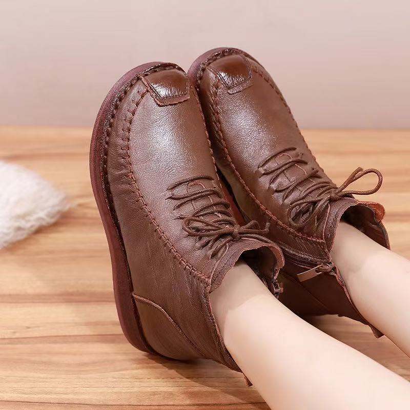 Women's Real With Fleece Lining Mother's Soft Bottom Tendon Flat Cotton Women's Leather Boots