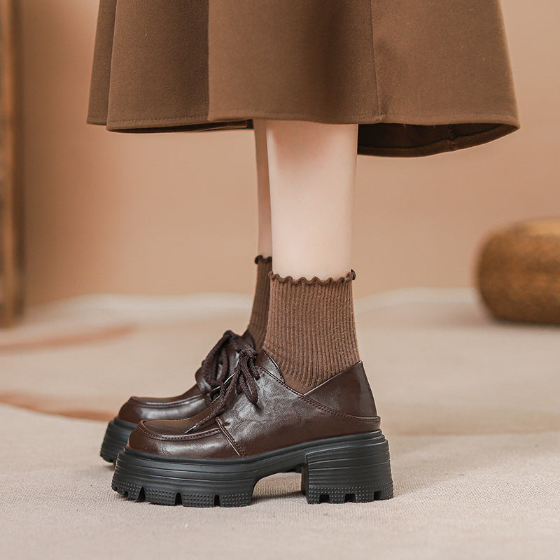 Women's Autumn Invisible Elevated British Style Retro Easy Matching Chunky Round Women's Casual Shoes