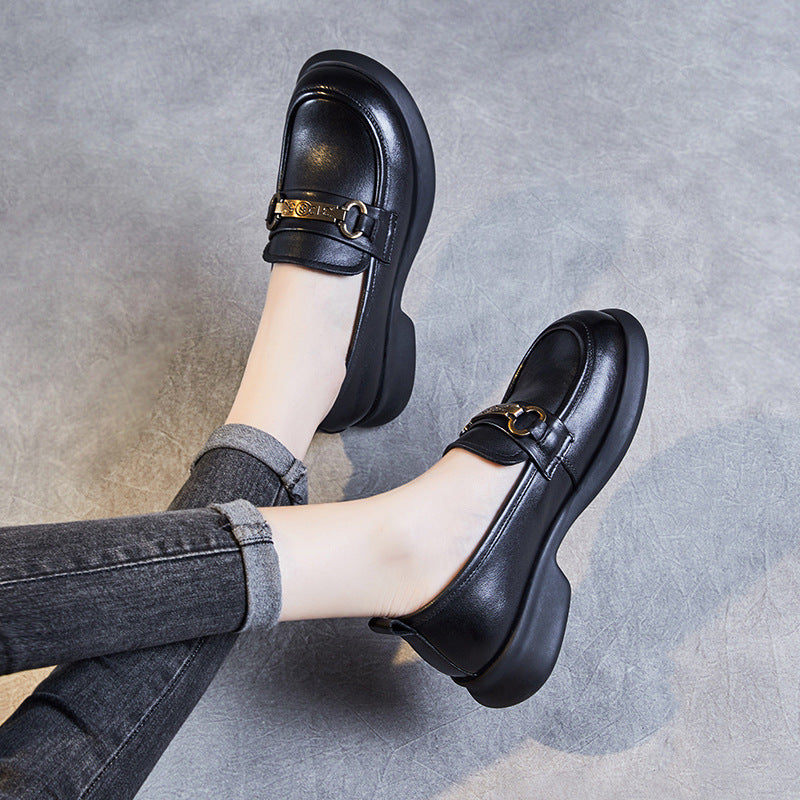 Women's Genuine Spring Slip-on Soft Bottom Cowhide Round Head Loafers