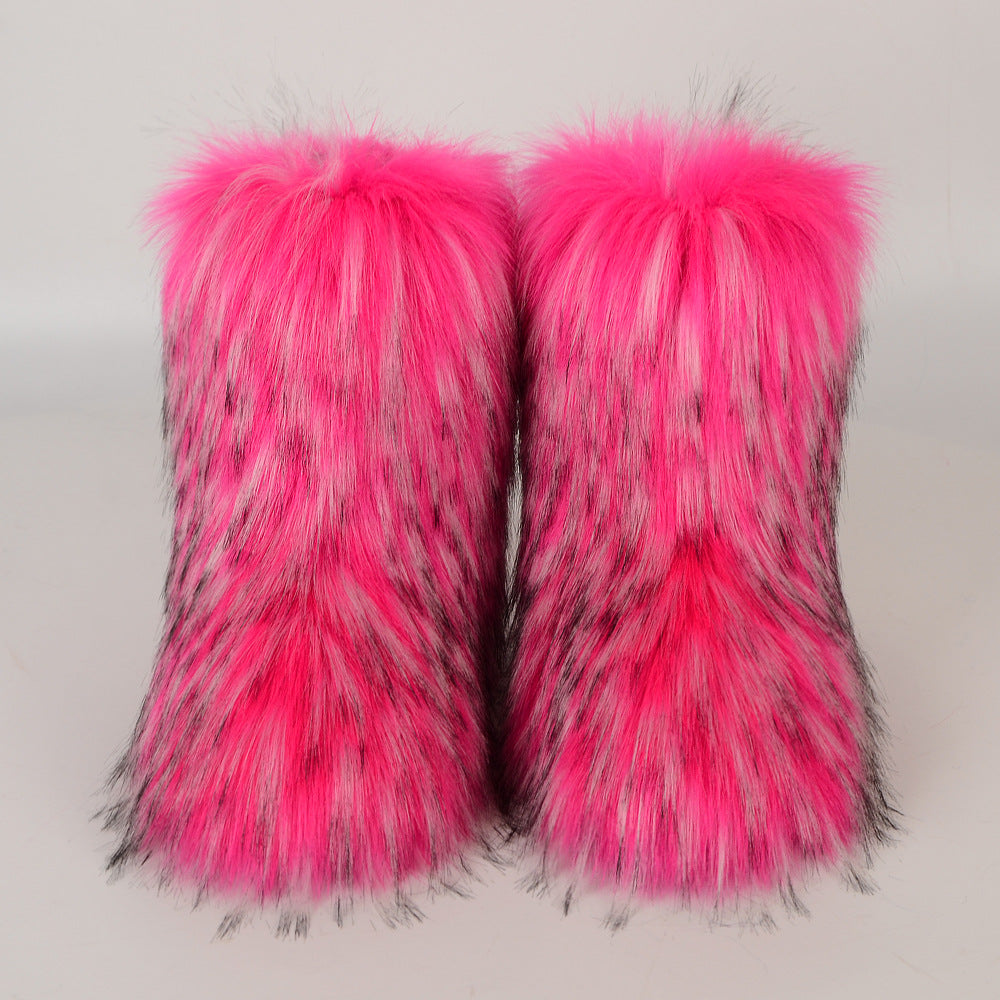 Women's Winter Fur Integrated Imitation Raccoon Fluffy Snow Boots