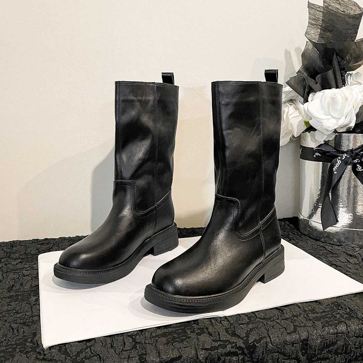 Women's Chunky Platform For Retro Style Pleated Pile Round Toe Wide Women's Leather Boots