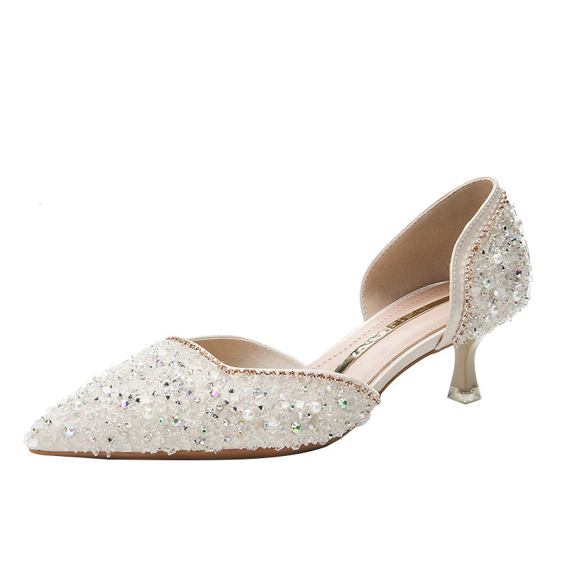 Women's Spring Water Bright Crystal High Pointed Toe Short Hollow Heels