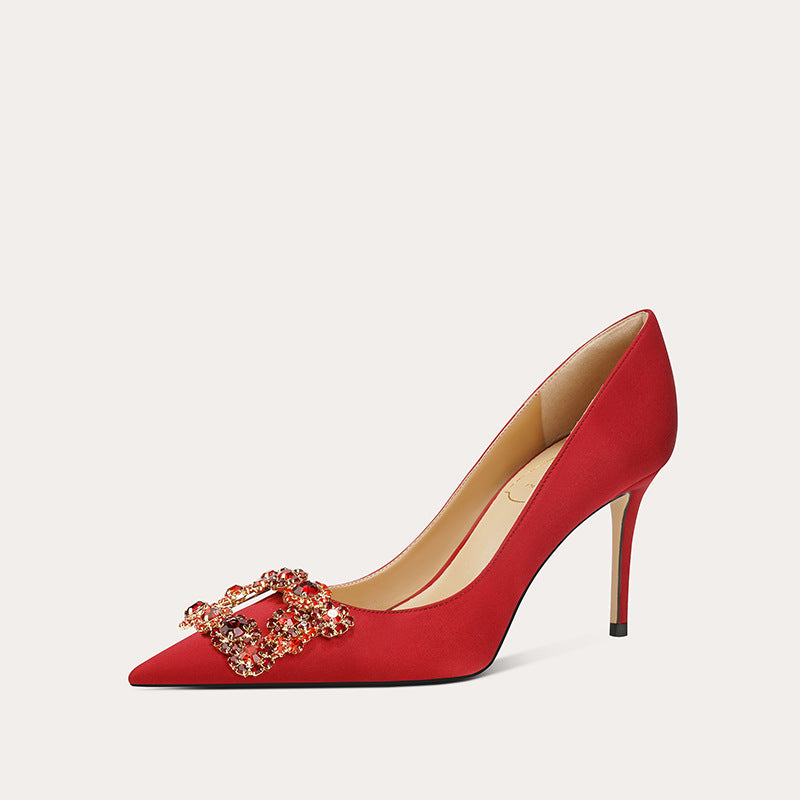 Pointed Toe Pumps Square Buckle Rhinestone Wedding Bride Main Yarn Women's Fashion Shoes