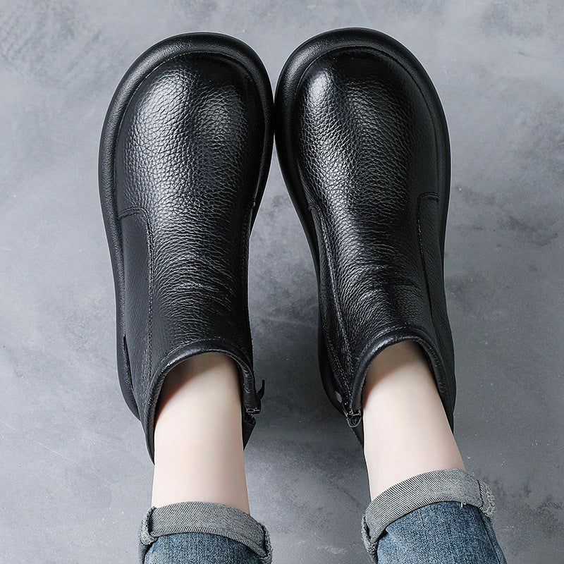 Women's Cowhide Real Wool Low Martin Vintage Genuine Short Round Toe Women's Shoes