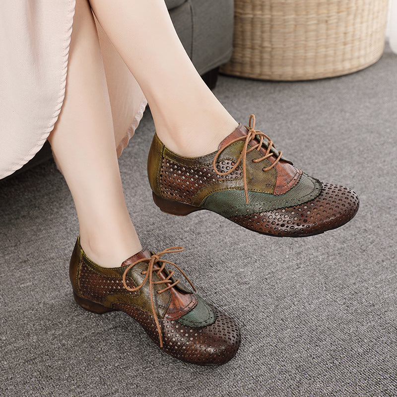 Women's Style Hand-rub Color Cowhide Hole Round Toe Comfortable Rainbow Artistic Men's Shoes