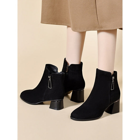 Women's Sheepskin Suede Short Pointed Western Style Skinny Chunky Women's Leather Boots