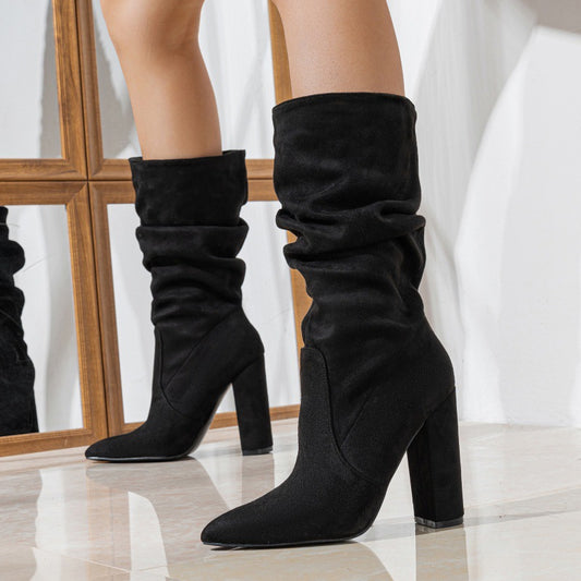 Women's Slip-on Winter Fashionable Chunky High-heel Fashion Comfortable Women's Leather Boots