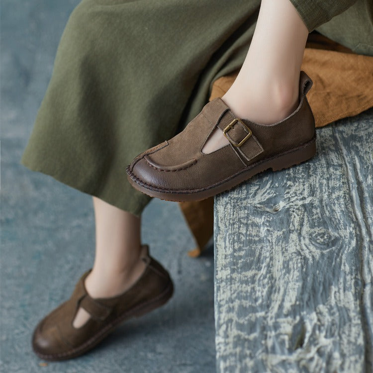 Cowhide British Style Handmade Round Head Buckle Women's Casual Shoes