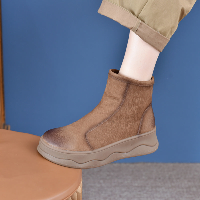 Women's Layer Cowhide Vintage Soft Bottom Fleece-lined Boots