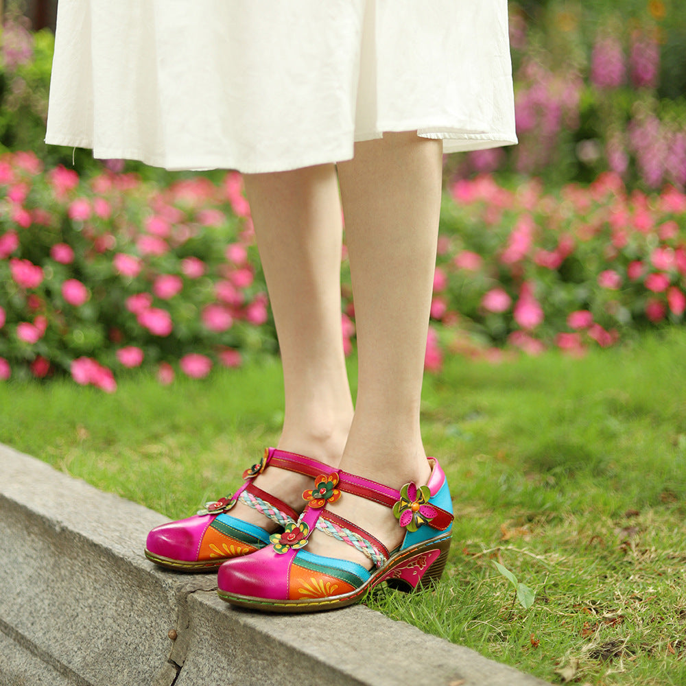 Retro Bright Flower Contrast Color Velcro Wedge Round Toe Mary Women's Fashion Shoes
