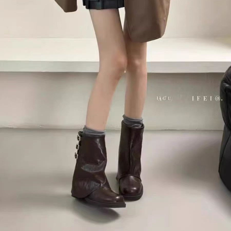 Women's Hot Pleated Pants Pipe Retro British Style Martin Boots
