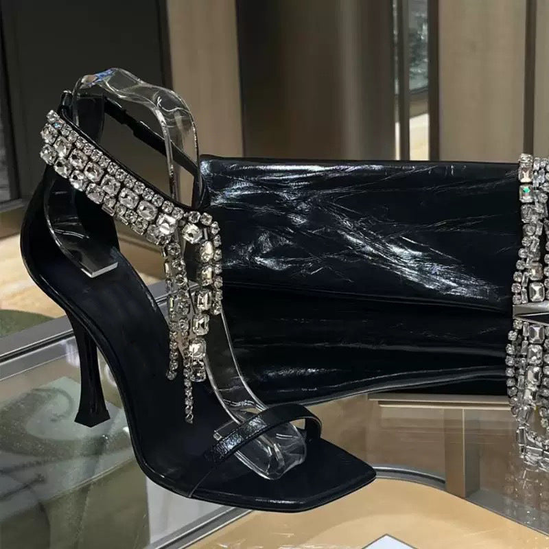 Women's Toe Summer Sier Crystal Chain Open High Heeled Sandals