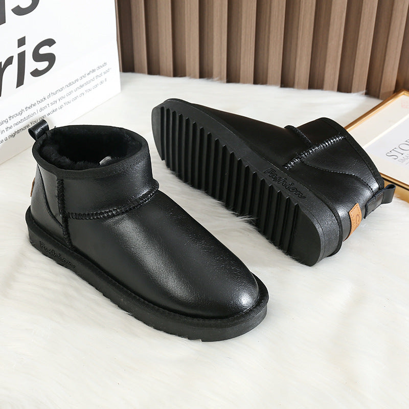 Men's Winter Fleece-lined Warm Waterproof Glossy Flat Snow Boots