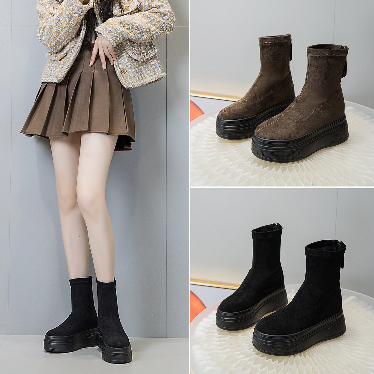 Thin Not Tired Feet Platform Martin Chunky Zipper Heels