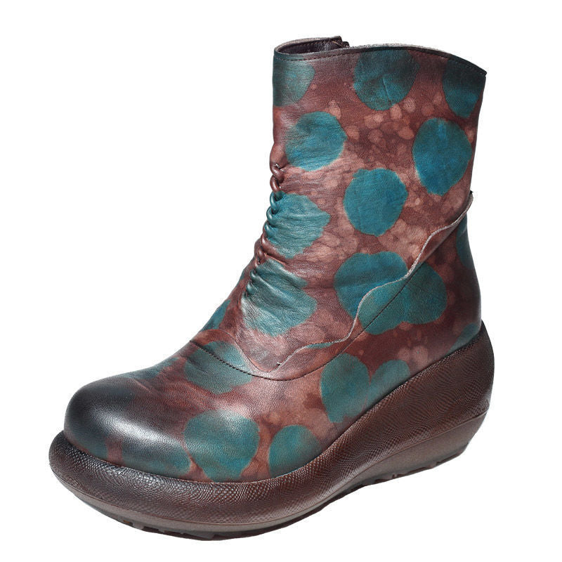 Thick Bottom Wedge Color Matching Side Zipper Women's Leather Boots