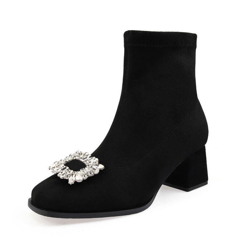 Women's Stretch Thin Female Square Toe Rhinestone Buckle Fashion High Suede Boots
