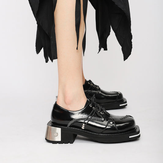 Metal Niche Retro Derby Platform Round Leather Shoes