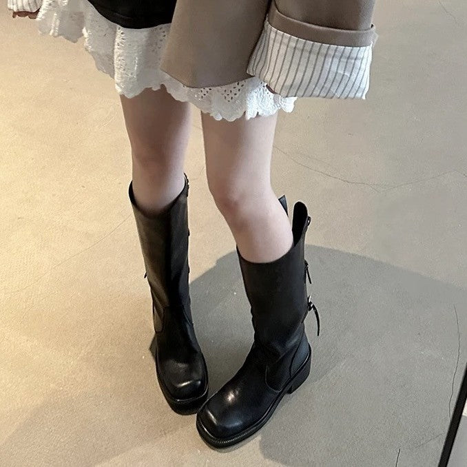 Women's Minority Belt Buckle Tall Knight Chunky Women's Leather Boots