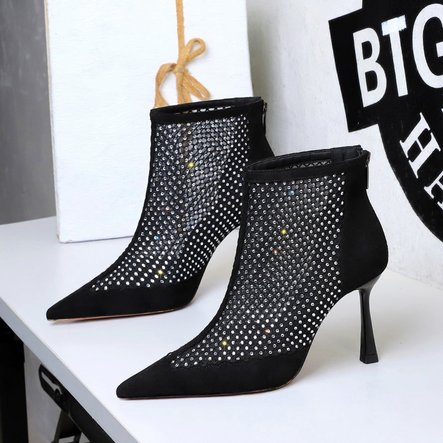Women's Suede Stitching Mesh Rhinestone Back Zipper Fashion Stiletto Pointed Toe Women's Leather Boots