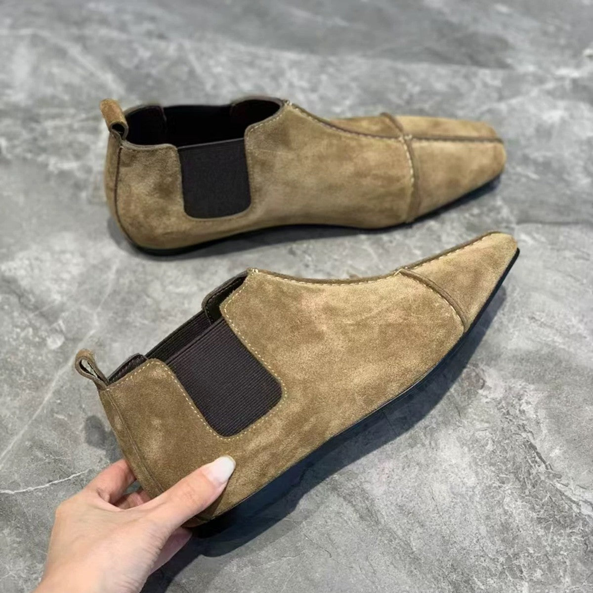 Women's Retro Minority Suede Square Toe Flat Bottom Chelsea Booties Boots