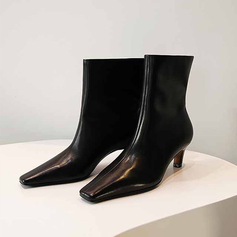 Women's Style Skinny Square Toe Stiletto Ankle Cat Women's Leather Boots