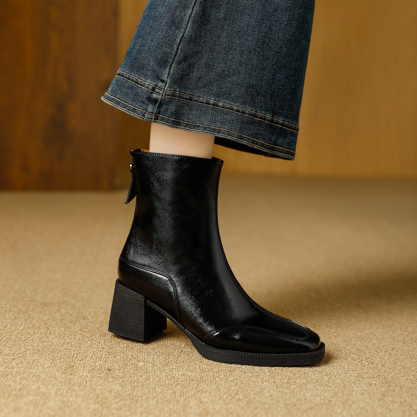 Women's Skinny French Brown Winter Chunky Square Women's Leather Boots