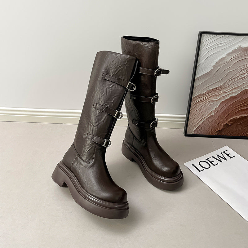 Long Female Thick Bottom Chunky Tall Martin Women's Leather Boots