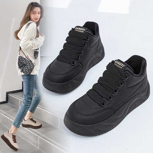 Women's Plus Size White Fleece-lined Platform Bread Casual Shoes