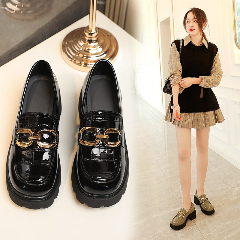 Women's Mid British Chunky Pumps Platform Black Leather Shoes