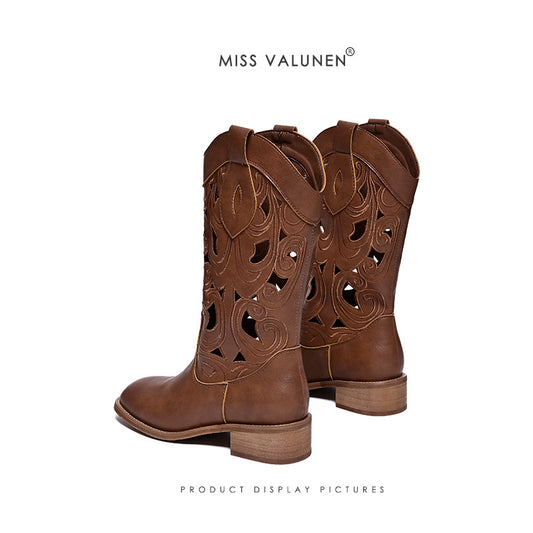 Miss Warren Summer Western Cowboy Round Head Low Women's Leather Boots