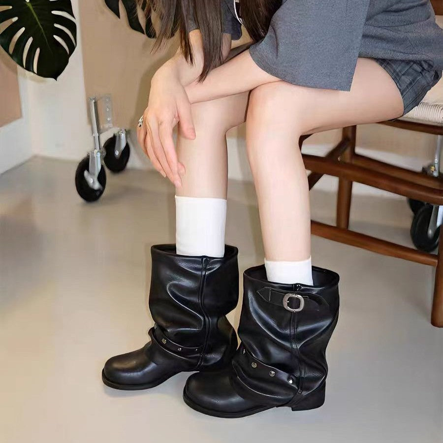 Women's Rivet Pants Knee-high Pleated Pile Style Invisible Elevated Retro Black Boots