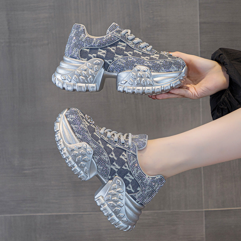 Women's Dad Platform Height Increasing Rhinestone Denim Korean Fashion Street Women's Sports Shoes
