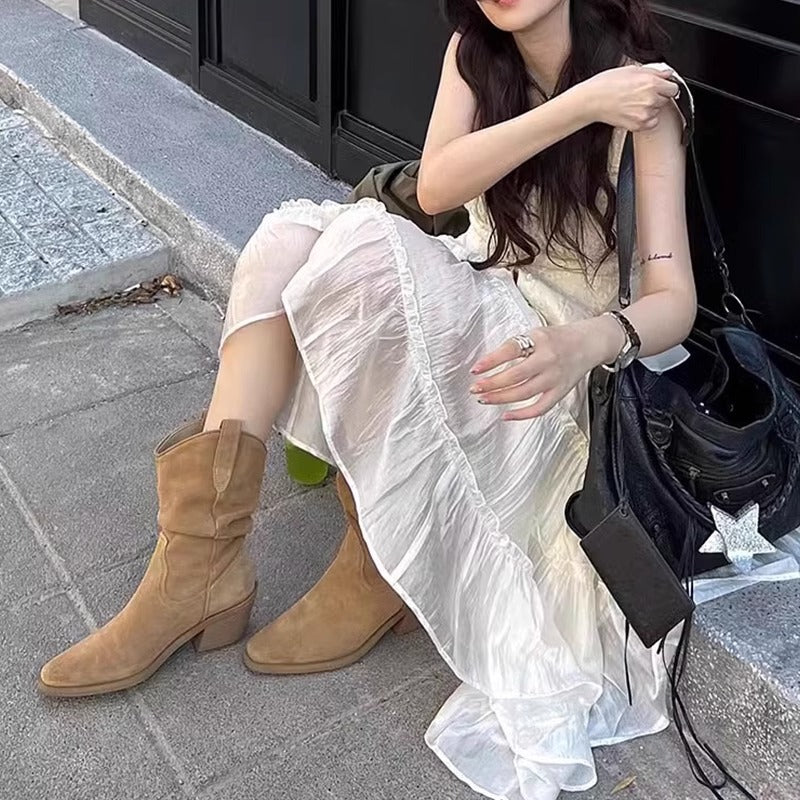 Style Ankle Retro Western Knight V Women's Leather Boots