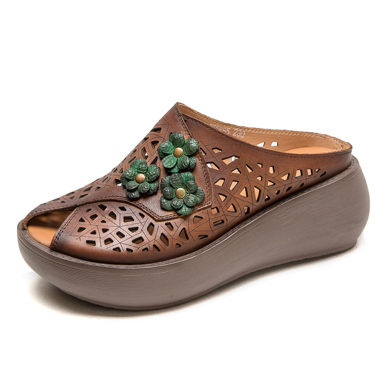 National Style Wedge Peep Toe Hollow Breathable Fashionable Slippers
