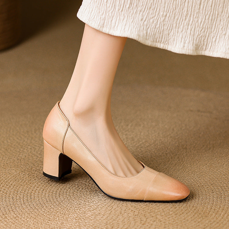 Women's Retro Thick High Genuine Shallow Mouth Slip-on Commute Black Red Women's Fashion Shoes