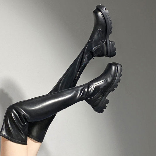 Sugar Series Thick Bottom Long Female Slimming Biker Side Women's Leather Boots