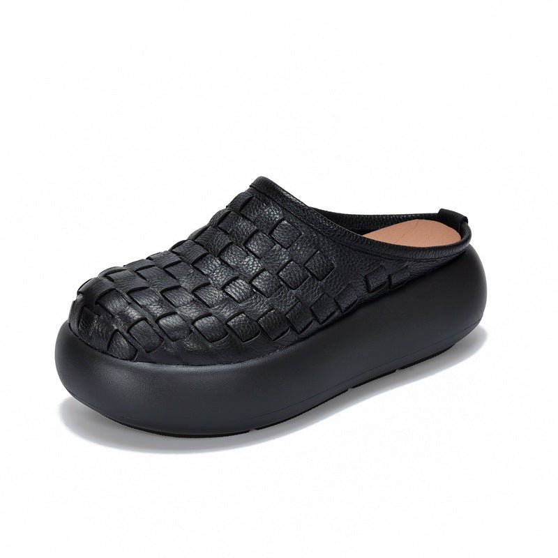 Women's Cowhide Vintage Hand-woven Closed Toe Light Outer Wear Thick Bottom Heels