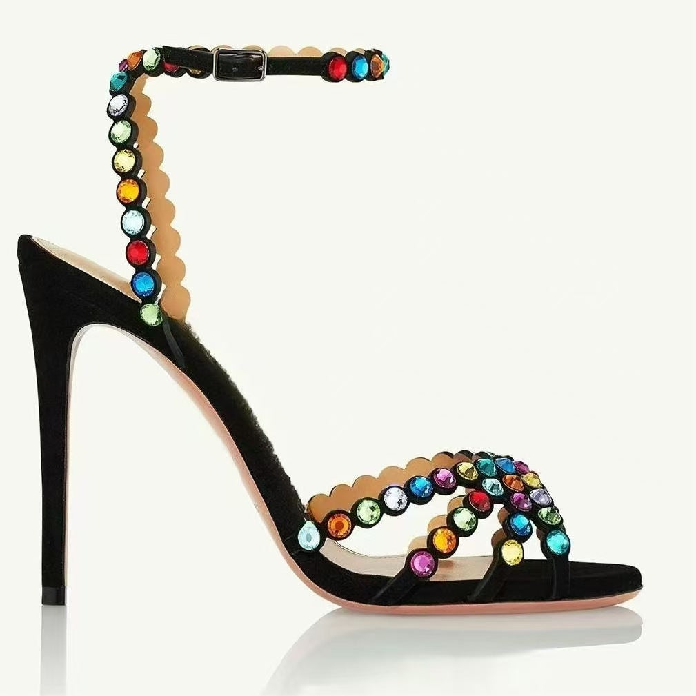 Metal Round Toe Stiletto Rhinestone Strap Buckle Open Large High Heeled Sandals
