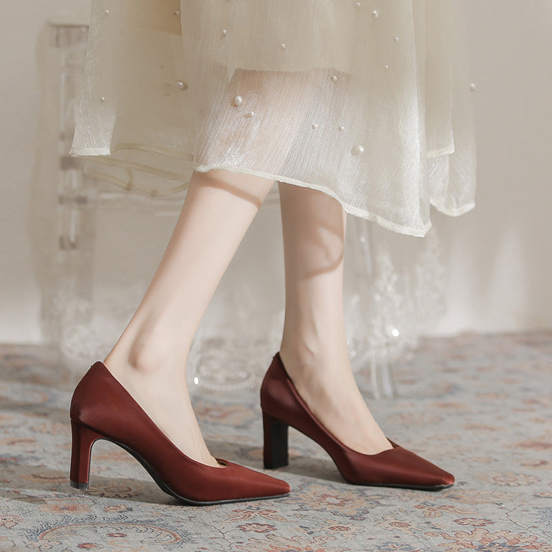 Women's Chunky Square Toe Satin High Elegant Women's Fashion Shoes