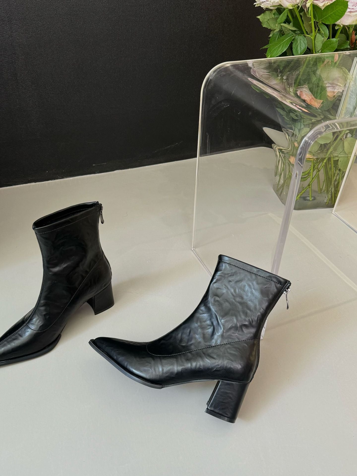 Women's Pointed Stretch High Thin Design Chunky Women's Leather Boots