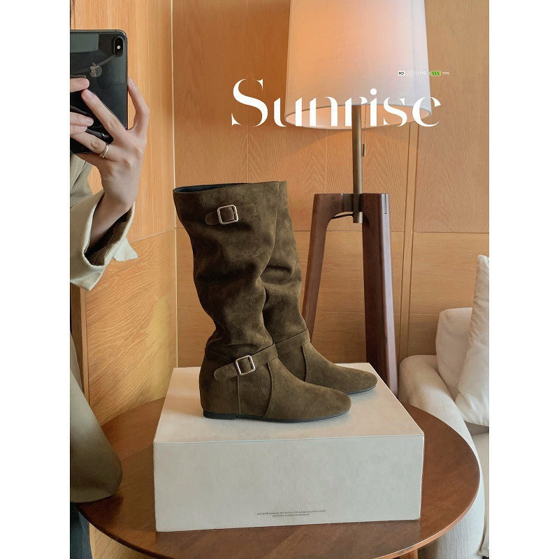 Women's Pile Style Vintage Suede Knee-high V Cut Slimming Below Women's Leather Boots